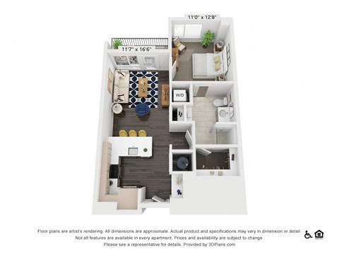 Floor plan for 1 bed, 1 bath, 718 sqft